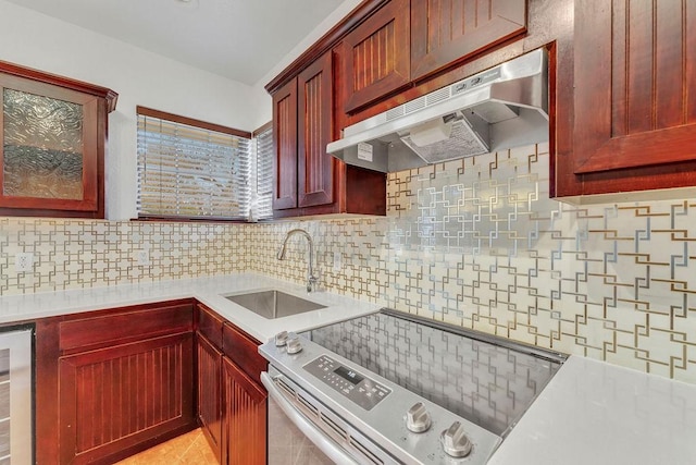 kitchen with tasteful backsplash, sink, beverage cooler, light tile patterned floors, and stainless steel electric range