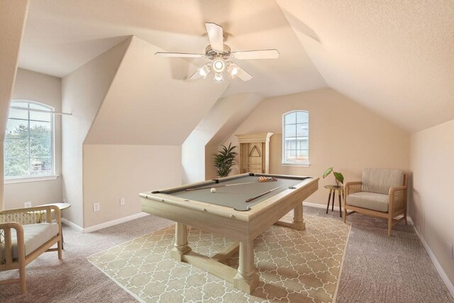 4312 Clear Meadow Pl, Round Rock, TX 78665 - playroom featuring carpet flooring, plenty of natural light, vaulted ceiling, ceiling fan, and baseboards