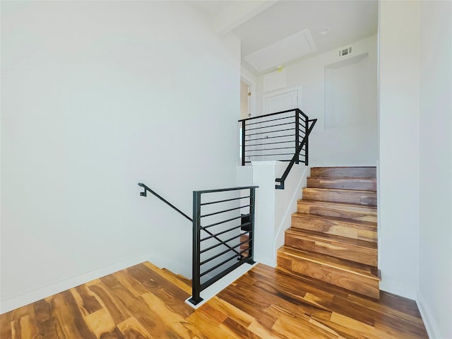 stairs with hardwood / wood-style floors