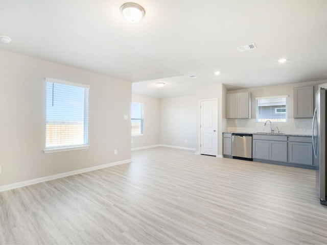 kitchen featuring visible vents, open floor plan, gray cabinets, stainless steel appliances, and a sink