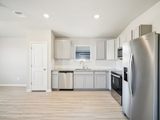 kitchen with tasteful backsplash, visible vents, stainless steel appliances, light wood-type flooring, and a sink