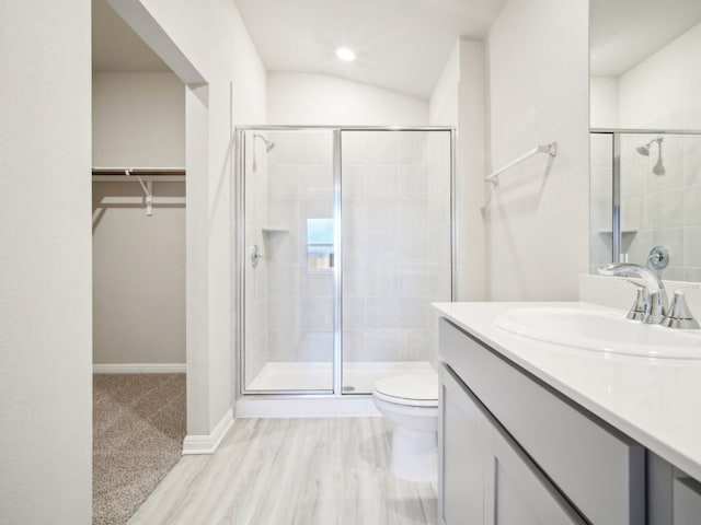 bathroom with a spacious closet, a shower stall, toilet, and vanity