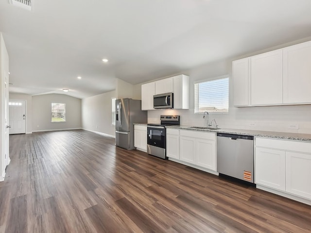 249 Boatright Blvd, Jarrell, TX 76537 - kitchen with stainless steel appliances, a sink, open floor plan, dark wood-style floors, and vaulted ceiling