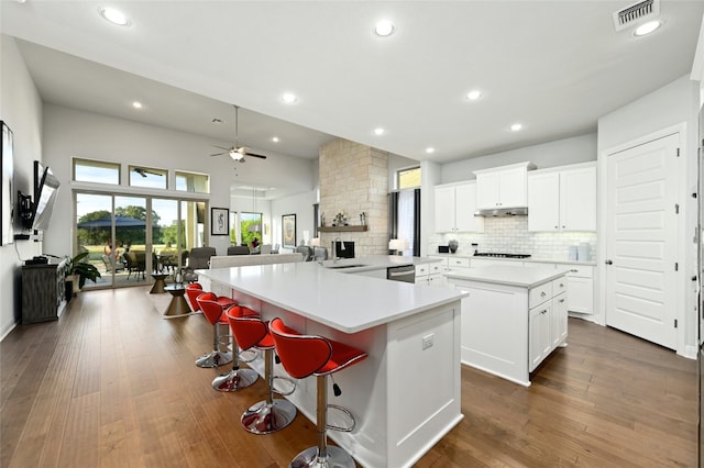 kitchen featuring visible vents, open floor plan, a large island, tasteful backsplash, and dark wood finished floors