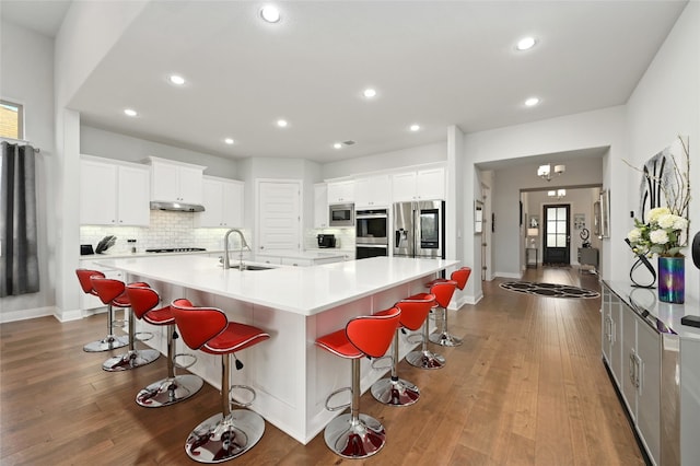 kitchen with decorative backsplash, appliances with stainless steel finishes, a sink, under cabinet range hood, and hardwood / wood-style floors