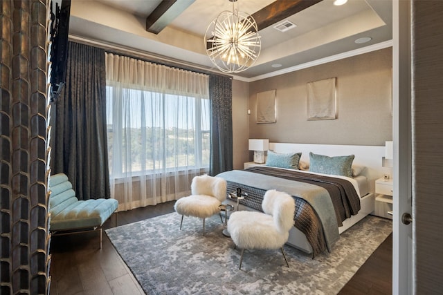 bedroom with a raised ceiling, crown molding, a notable chandelier, and dark hardwood / wood-style flooring