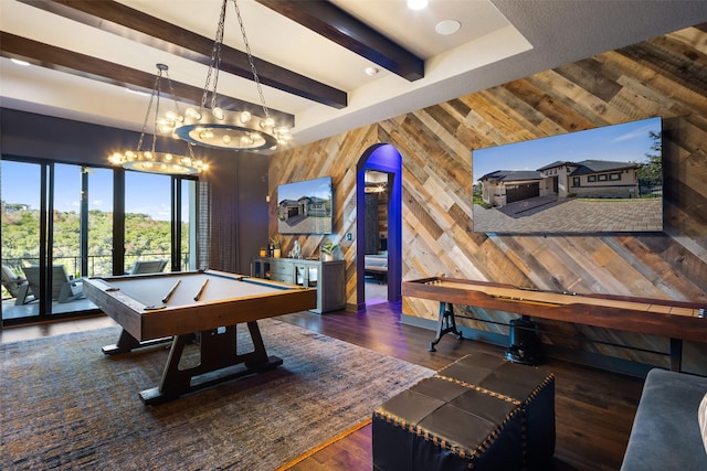 recreation room featuring beam ceiling, dark hardwood / wood-style floors, wooden walls, and billiards