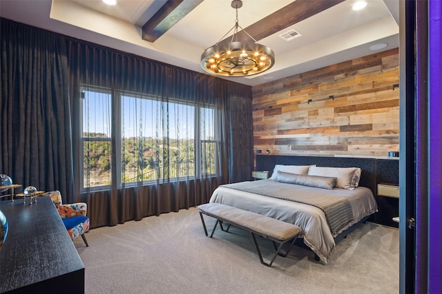 bedroom with an inviting chandelier, carpet flooring, wooden walls, and beam ceiling