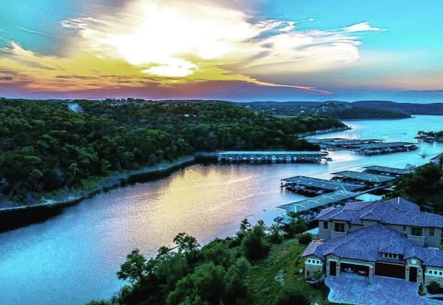 aerial view at dusk with a water view