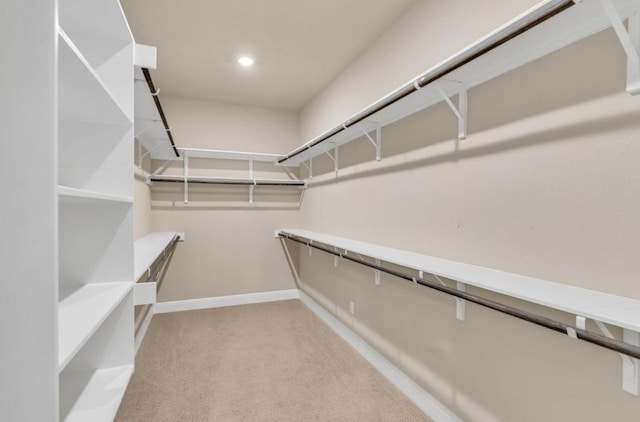 walk in closet with light carpet