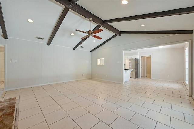 unfurnished living room featuring light tile patterned floors, lofted ceiling with beams, and ceiling fan