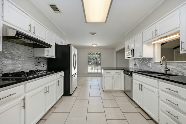 kitchen featuring stainless steel appliances, sink, decorative backsplash, and white cabinets