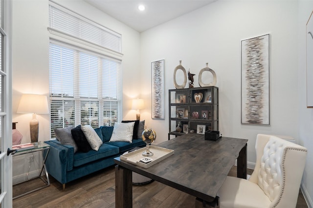 home office featuring dark hardwood / wood-style flooring