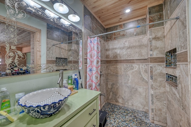 bathroom featuring wood ceiling and walk in shower