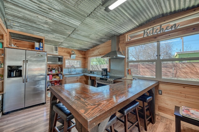 kitchen with appliances with stainless steel finishes, a healthy amount of sunlight, light hardwood / wood-style flooring, and wall chimney exhaust hood