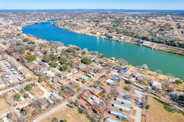 drone / aerial view featuring a water view