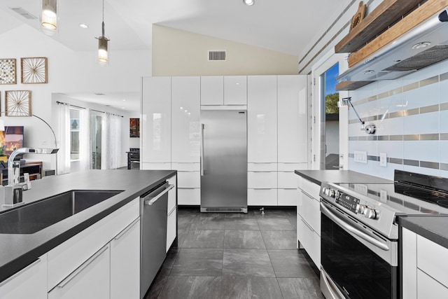 kitchen featuring extractor fan, lofted ceiling, sink, white cabinets, and stainless steel appliances