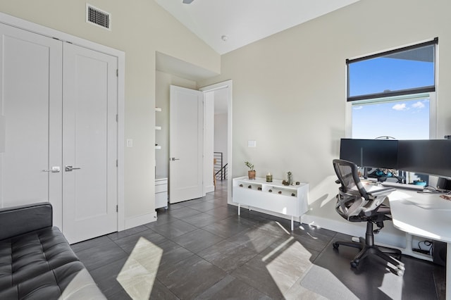 home office with vaulted ceiling