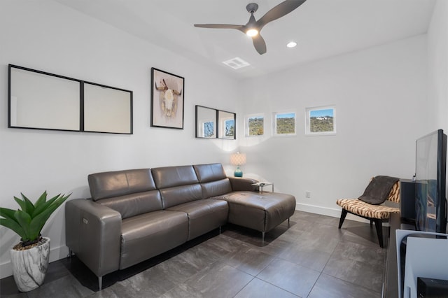 living room featuring ceiling fan