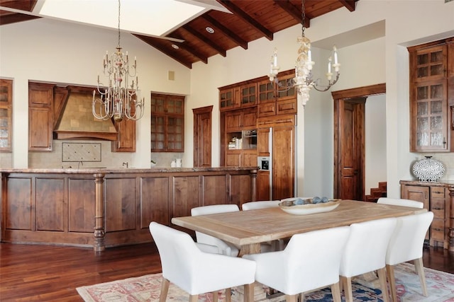 dining room featuring dark wood-style floors, wood ceiling, beam ceiling, and a notable chandelier