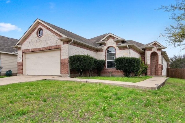 single story home with a garage and a front yard