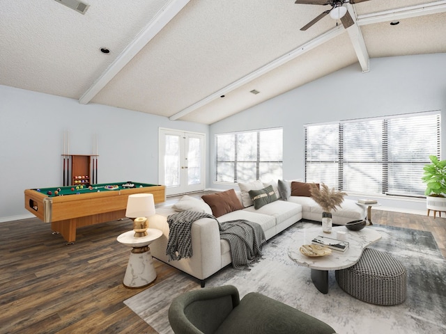 living area featuring lofted ceiling with beams, a textured ceiling, wood finished floors, billiards, and french doors