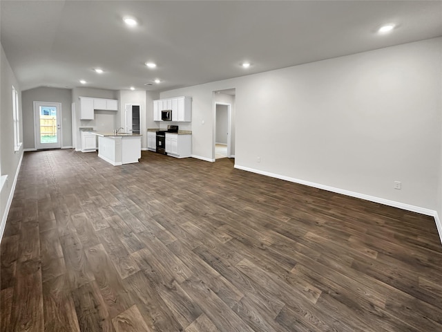 unfurnished living room with sink and dark hardwood / wood-style flooring