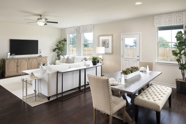 dining area with dark wood-type flooring and ceiling fan