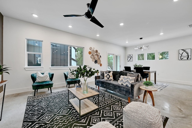 living room with ceiling fan