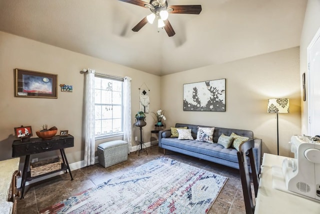 615 Mountain Crest Dr, Wimberley, TX 78676 - living area featuring a ceiling fan, vaulted ceiling, and baseboards