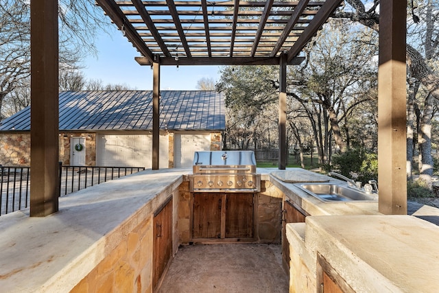 view of patio featuring area for grilling, a grill, a pergola, and sink