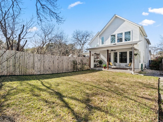 3711 Garden Villa Ln Unit A, Austin, TX 78704 - rear view of property featuring ceiling fan, a fenced backyard, and a patio area