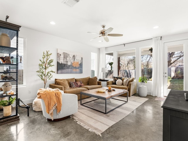 3711 Garden Villa Ln Unit A, Austin, TX 78704 - living room featuring concrete flooring, healthy amount of natural light, ceiling fan, and recessed lighting