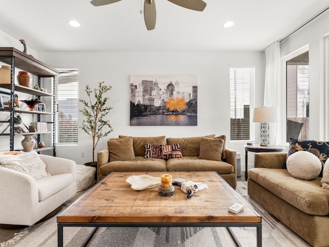 3711 Garden Villa Ln Unit A, Austin, TX 78704 - living room with healthy amount of natural light, a ceiling fan, recessed lighting, and wood finished floors