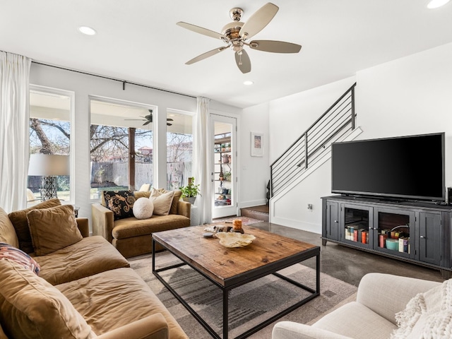 3711 Garden Villa Ln Unit A, Austin, TX 78704 - living room with recessed lighting, stairs, and ceiling fan