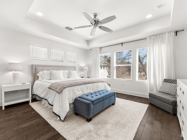 3711 Garden Villa Ln Unit A, Austin, TX 78704 - bedroom featuring a raised ceiling, recessed lighting, dark wood-style flooring, and a ceiling fan
