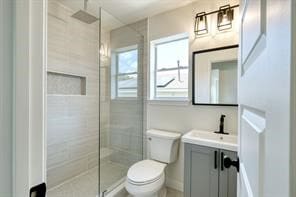 bathroom featuring vanity, an enclosed shower, and toilet