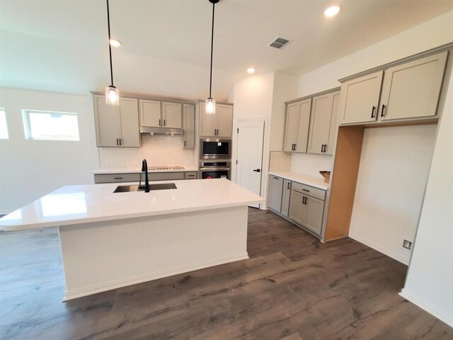 1501 Cole Estates Dr, Georgetown, TX 78628 - kitchen featuring gray cabinetry, under cabinet range hood, appliances with stainless steel finishes, tasteful backsplash, and an island with sink