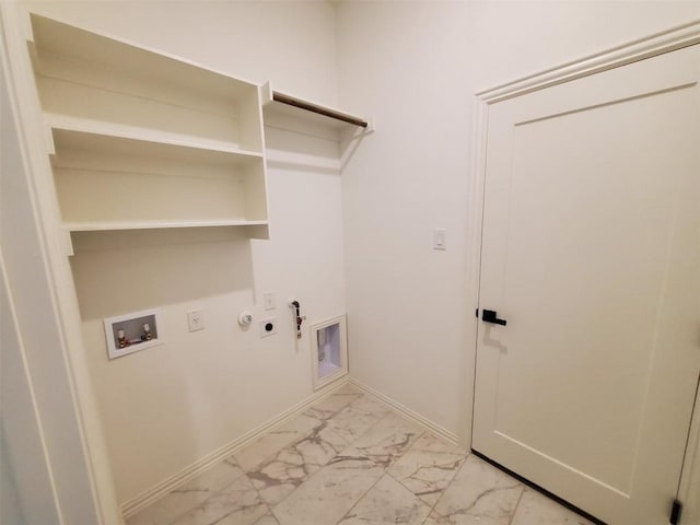 1501 Cole Estates Dr, Georgetown, TX 78628 - laundry area with light marble finish floors, gas dryer hookup, electric dryer hookup, hookup for a washing machine, and baseboards