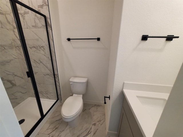 1501 Cole Estates Dr, Georgetown, TX 78628 - bathroom with marble finish floors, toilet, vanity, a shower stall, and baseboards