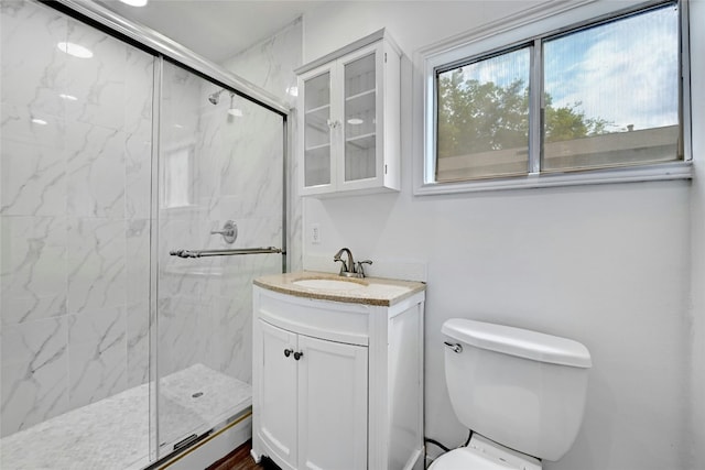 full bath featuring toilet, vanity, and a marble finish shower