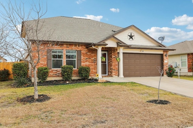 single story home featuring a garage and a front lawn