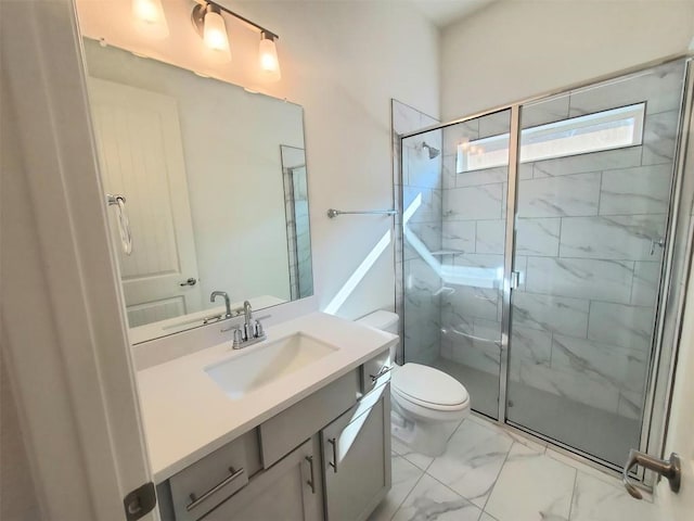 full bath with marble finish floor, toilet, vanity, and a marble finish shower