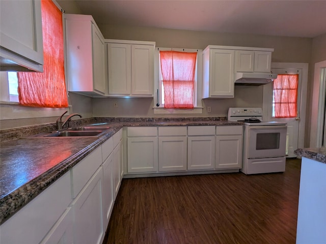 kitchen featuring white cabinetry, sink, dark wood-type flooring, and white range with electric stovetop