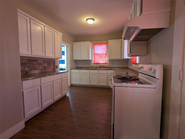 kitchen with white electric range, sink, white cabinetry, dark hardwood / wood-style flooring, and backsplash