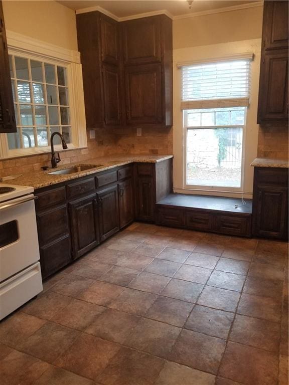 kitchen with tasteful backsplash, sink, dark brown cabinets, and white electric range oven