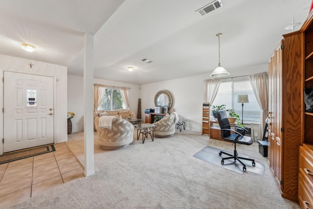 home office with light carpet