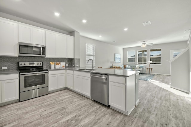 kitchen with appliances with stainless steel finishes, white cabinetry, sink, kitchen peninsula, and light hardwood / wood-style flooring