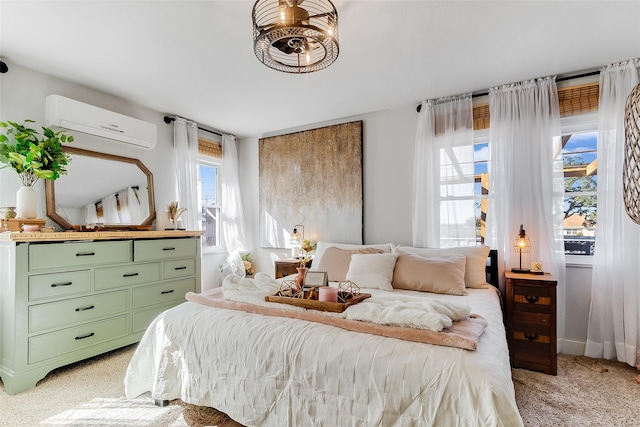 carpeted bedroom with an AC wall unit