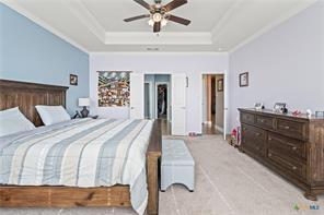 bedroom featuring a raised ceiling, light colored carpet, and ceiling fan